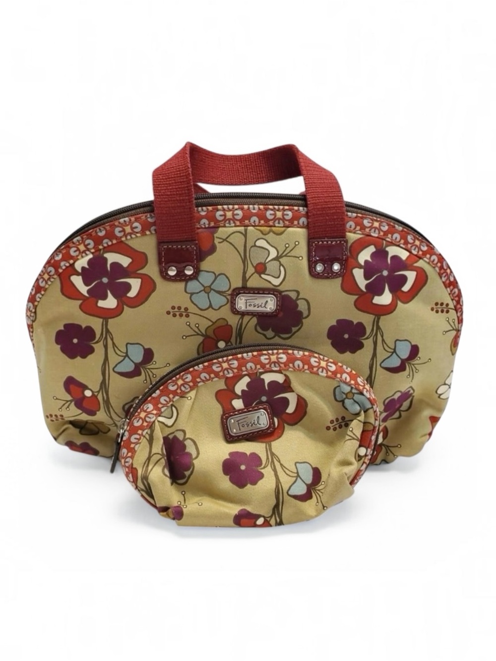 Fossil Floral Canvas Satchel Tan and Red Cosmetic Bag Duo New